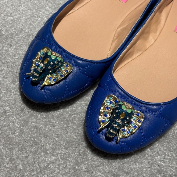 BNWOT Betsey Johnson blue leather heart quilt bejeweled elephant ballet flats - Picture 2 of 6